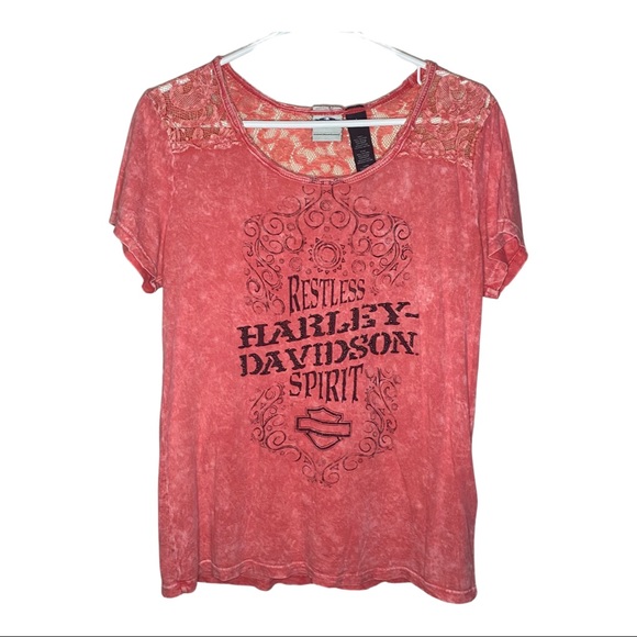 Genuine Harley Davidson Distressed Pink Lace Top w/ Subtle HD Orange Lace
